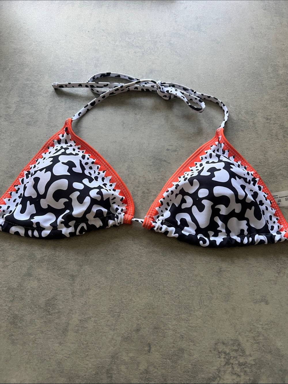 SHEIN Black and White Patterned Triangle Bikini Top with Orange Trim